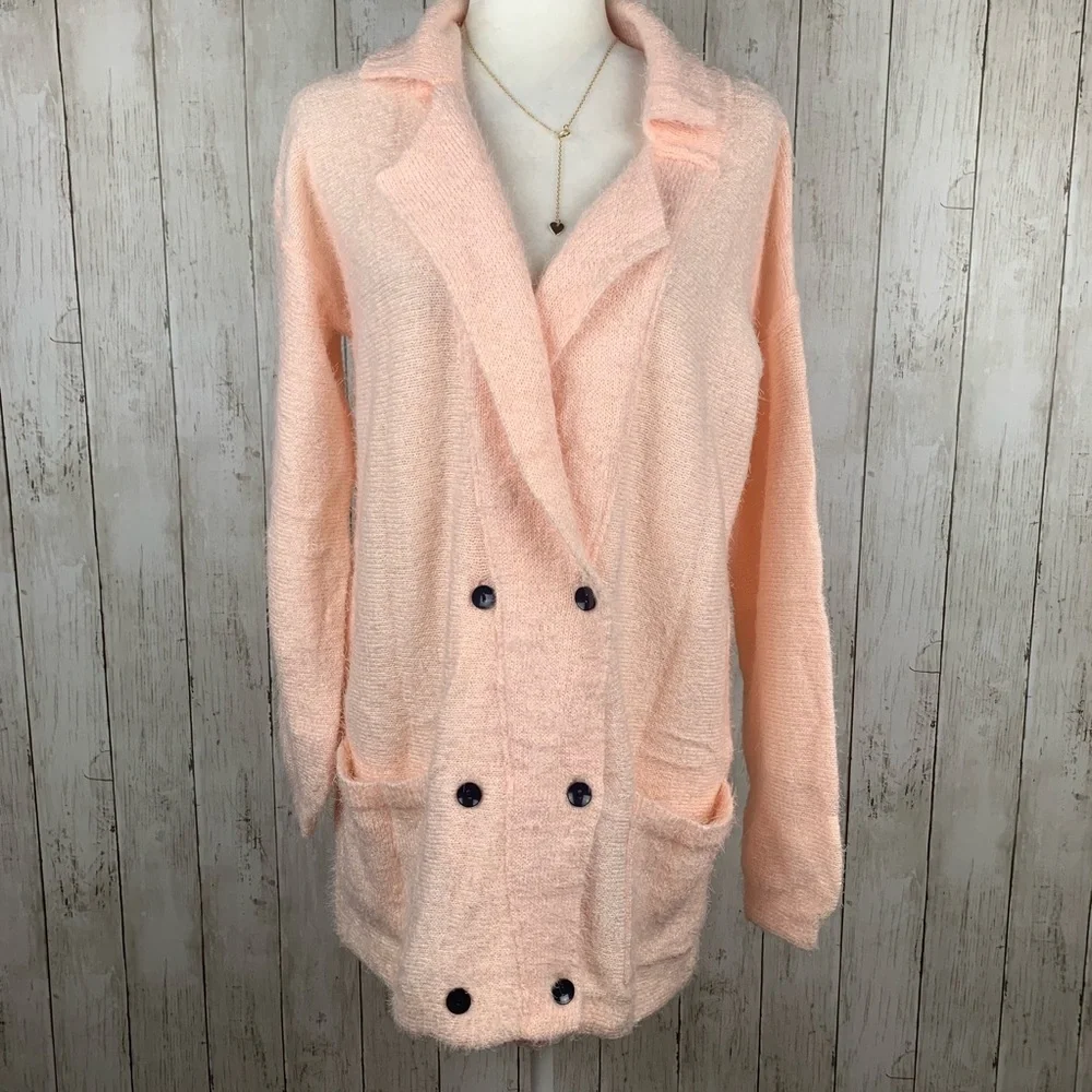 🔥COZY CARDIGAN🔥WARM FUZZY DOUBLE BREASTED POCKET CARDIGAN SWEATER PINK NWT - Picture 5 of 9